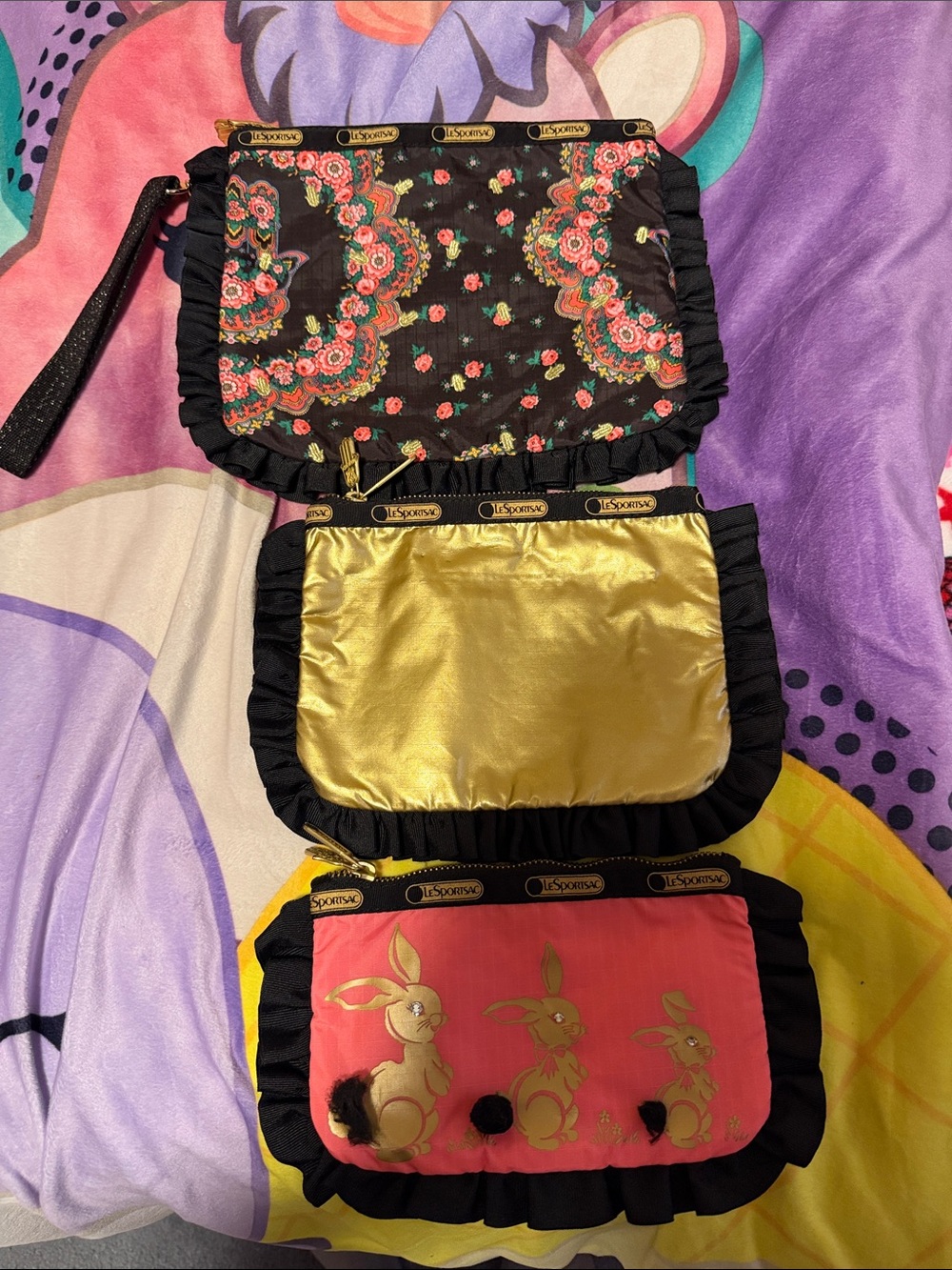 Lesportsac Triple Pouch Wristlet - Black Floral / Gold / Coral with Bunny Print